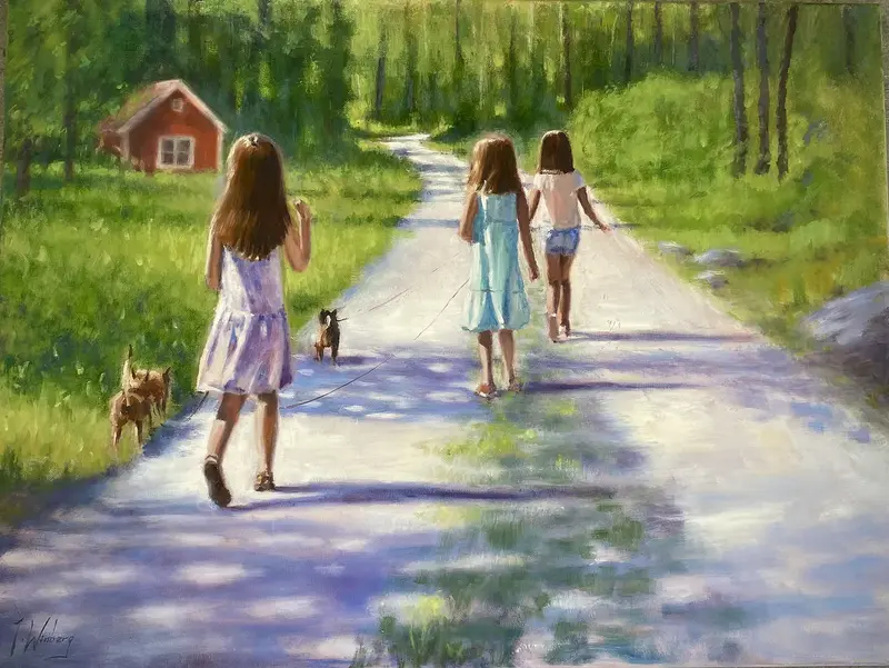 Oljemålning Hundpromenad av Jörgen Winberg