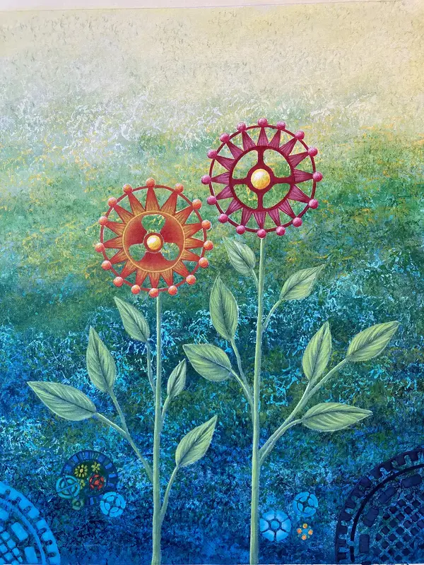 Akrylmålning The wheels are blooming av Catharina Johansson Söderström