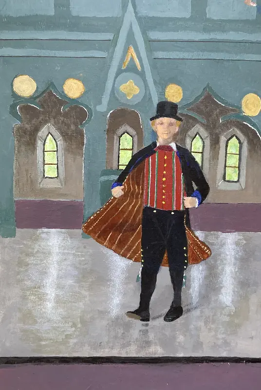 Akrylmålning Folkdans i Ersta kyrka av Margita Lundman