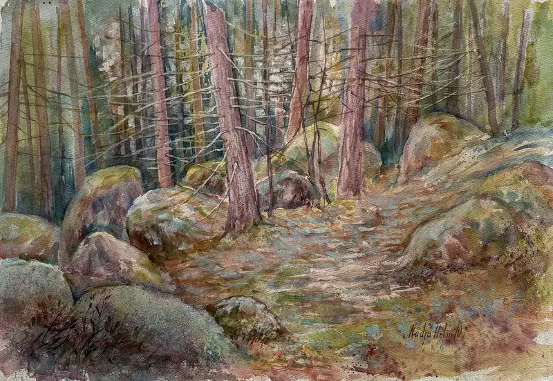 Akvarell Skog i kvällens belysning av Nadja Helin