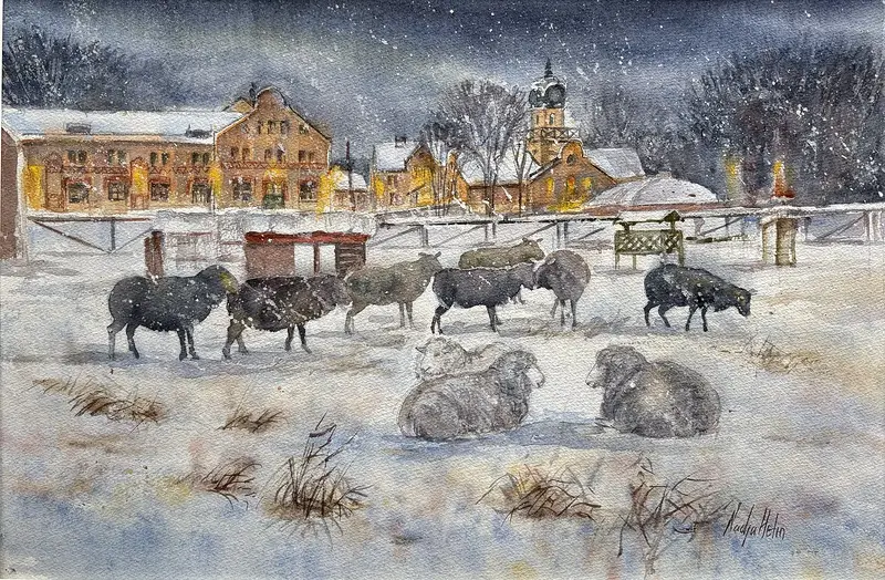 Akvarell Hågelby park på vinter av Nadja Helin