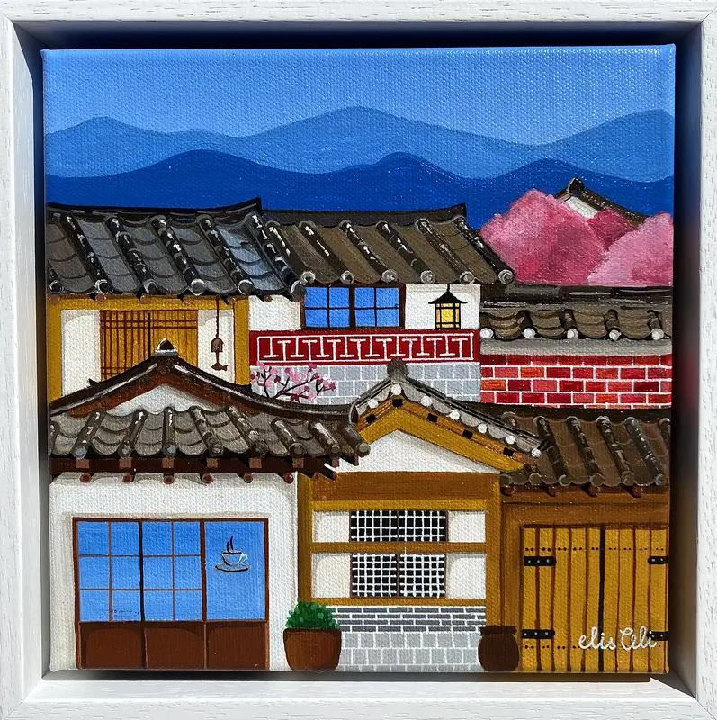 Akrylmålning Hanok Village in April av Elis Ali