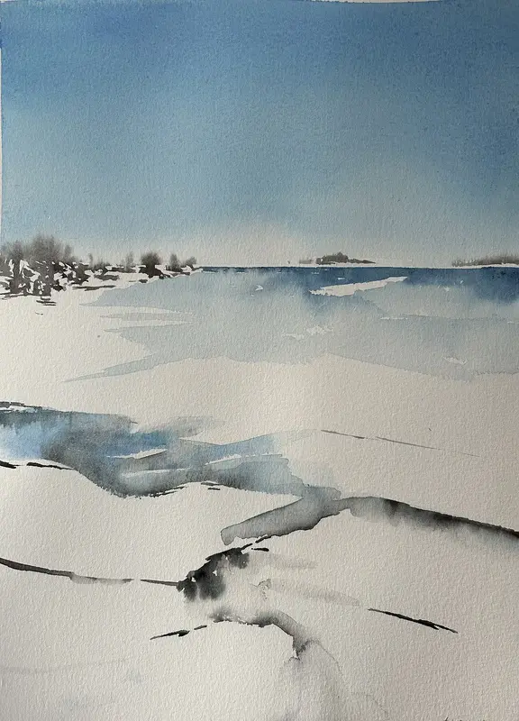 Akvarell Vinterskärgård av Gabriella Bergholtz