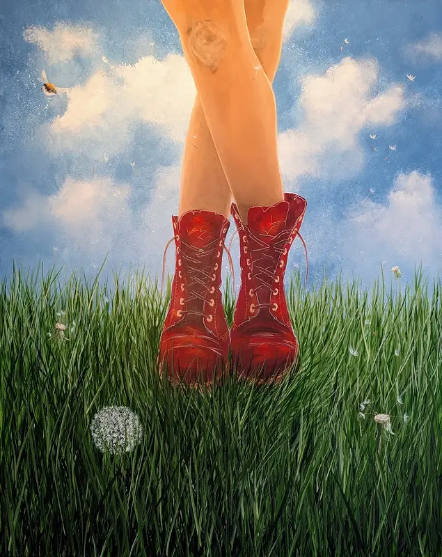 Akrylmålning Röda steg i sommargräset av Tutta Domenstam
