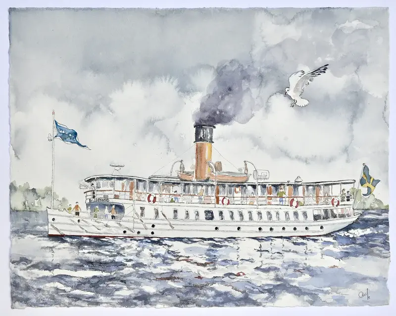 Akvarell Blidösund och Måsen av Cécile Hansson