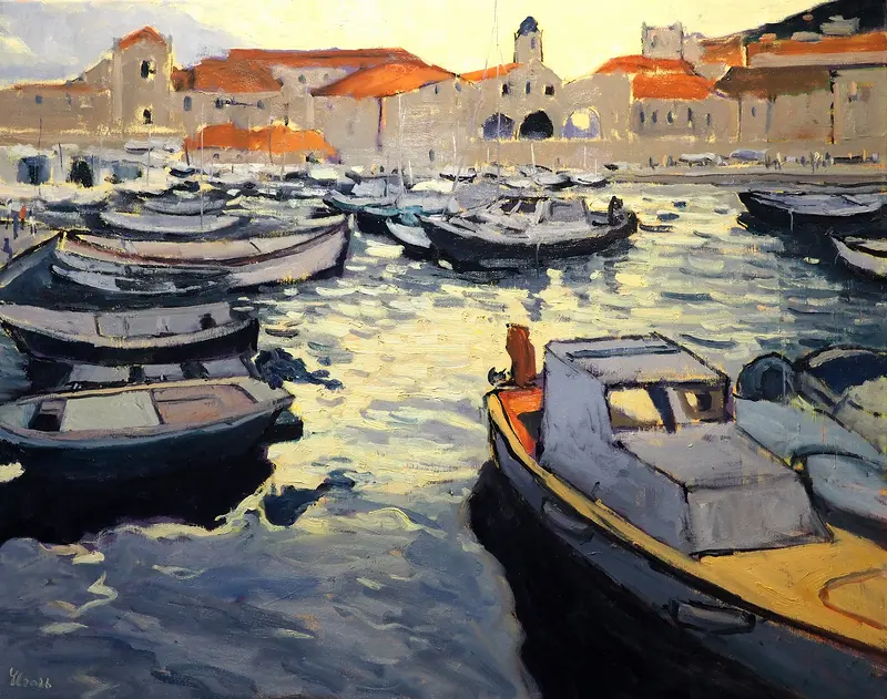 Oljemålning Där båtarna vilar av Yuanyuan Liu