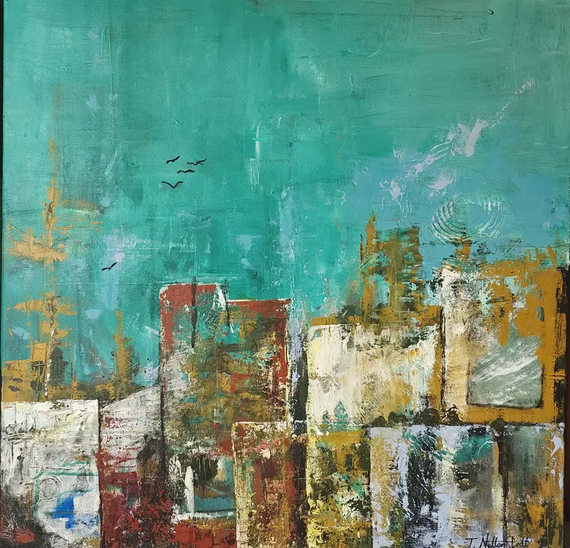 Akrylmålning Hamnstad av Thomas Netterstedt