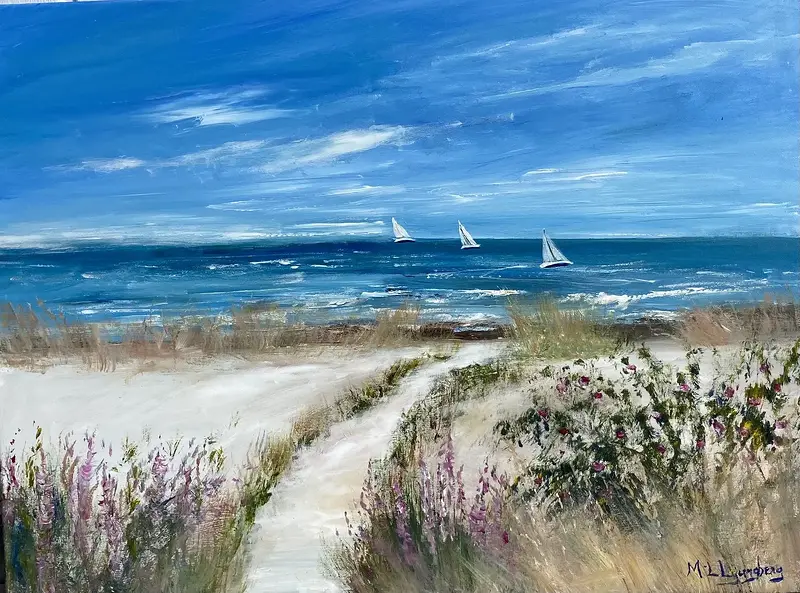 Akrylmålning Tre Segel mot öppet hav av Marie-Louise Ljungberg