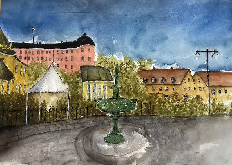 Akvarell FONTÄNEN VID FLUSTRET av Rose-Marie Lyckebrant-Lindqvist