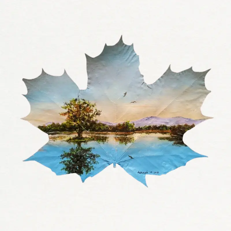 Akrylmålning Målat på lönnlöv No. 3 av Susanna Lind