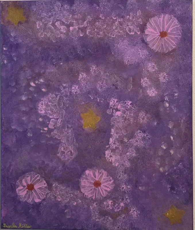 Akrylmålning Lila oas med rosa blommor av Ingela Möller