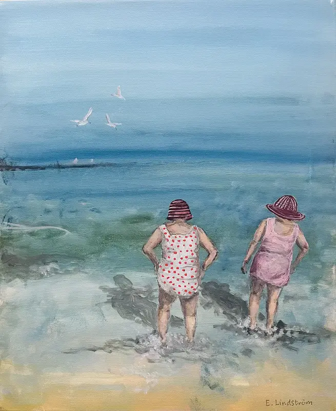 Akrylmålning Ska vi ta ett dopp? av Emma Lindström