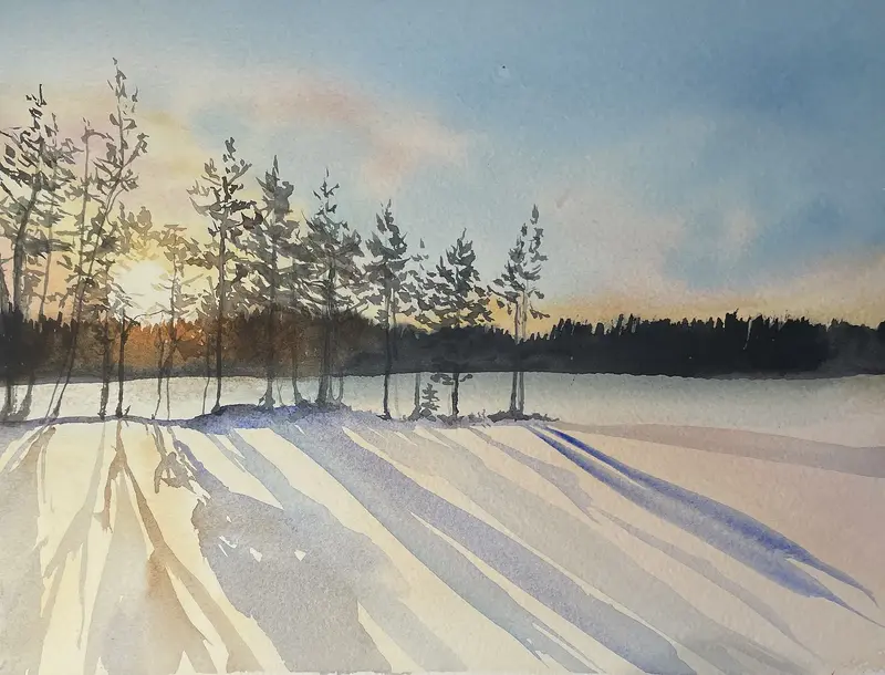 Akvarell Solnedgång vinter av Maria Möller