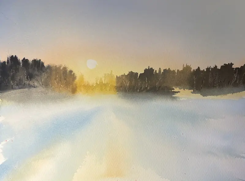 Akvarell Solnedgång fält av Maria Möller