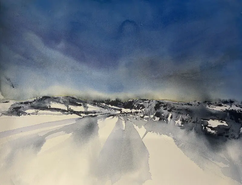 Akvarell Vinterfjäll av Maria Möller