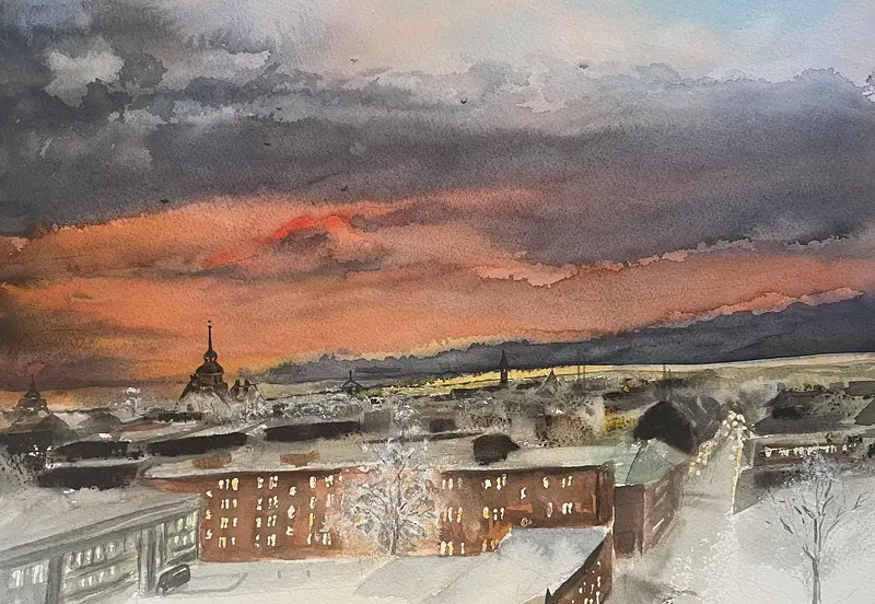 Akvarell Rådhuset i kvällsrodnad, Östersund av Maria Möller