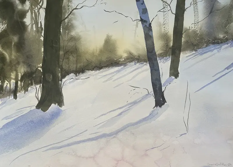 Akvarell Skogsbacke i mjukt ljus av Maria Möller