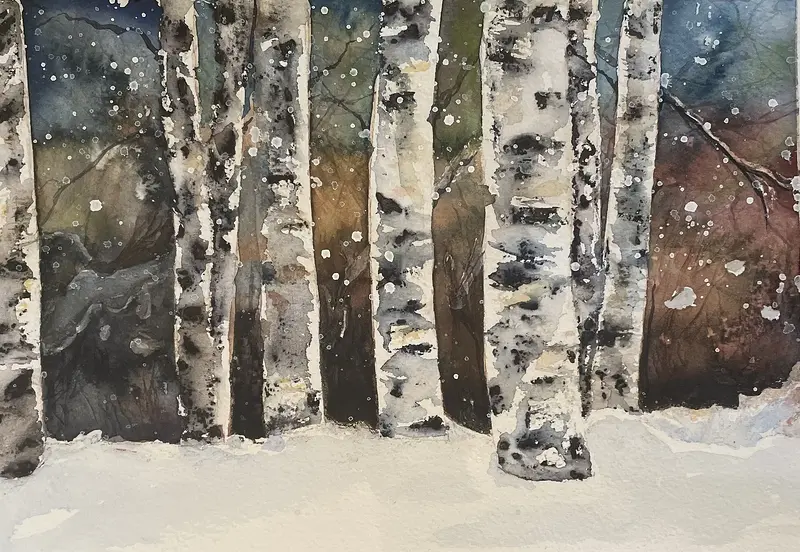 Akvarell Björkarna i snö av Maria Möller