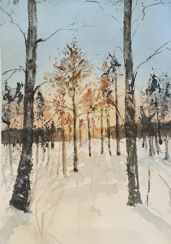 Akvarell Solnedgång i skogen av Maria Möller