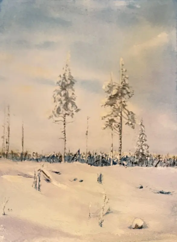 Akvarell Vinterhyhgge av Maria Möller