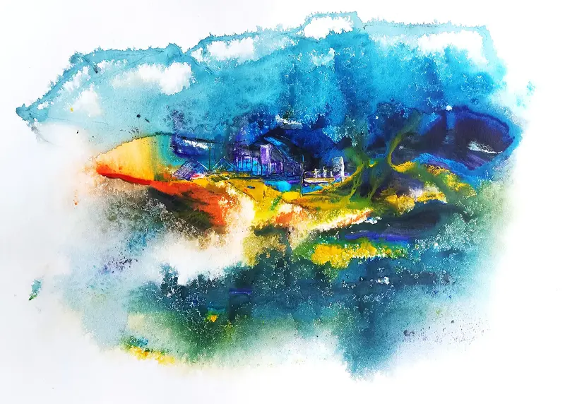 Akvarell Blågul stadskärna av Anders Wikström