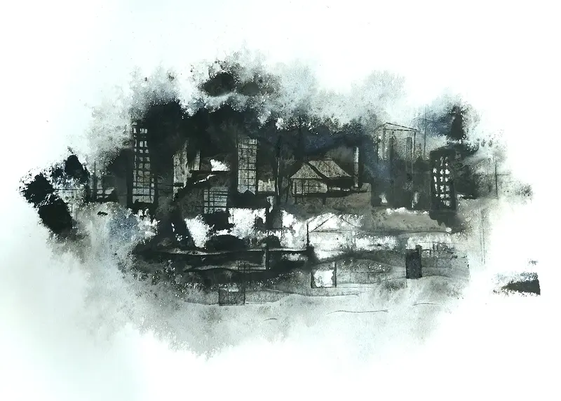 Akvarell Mörk stadsvy av Anders Wikström