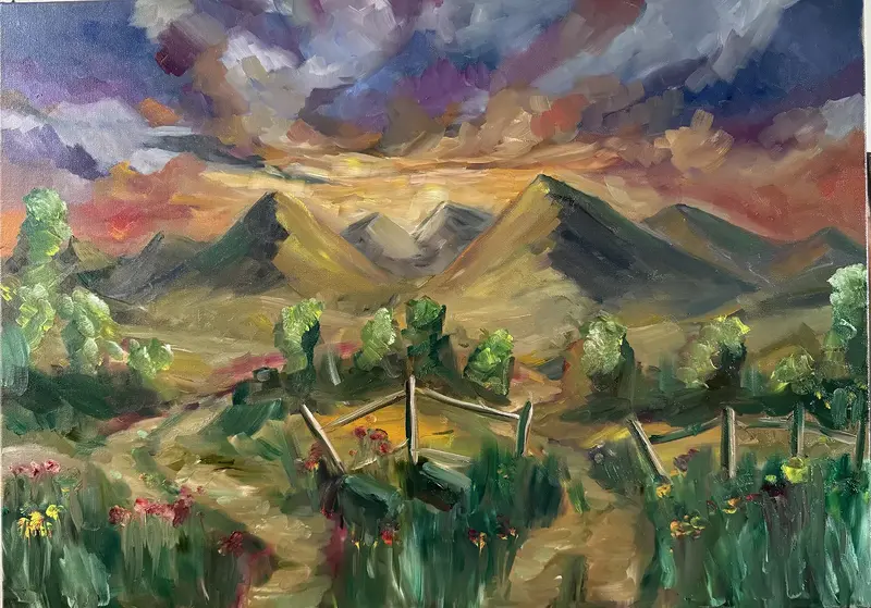 Oljemålning Golden valley dusk av Nida Nadeem