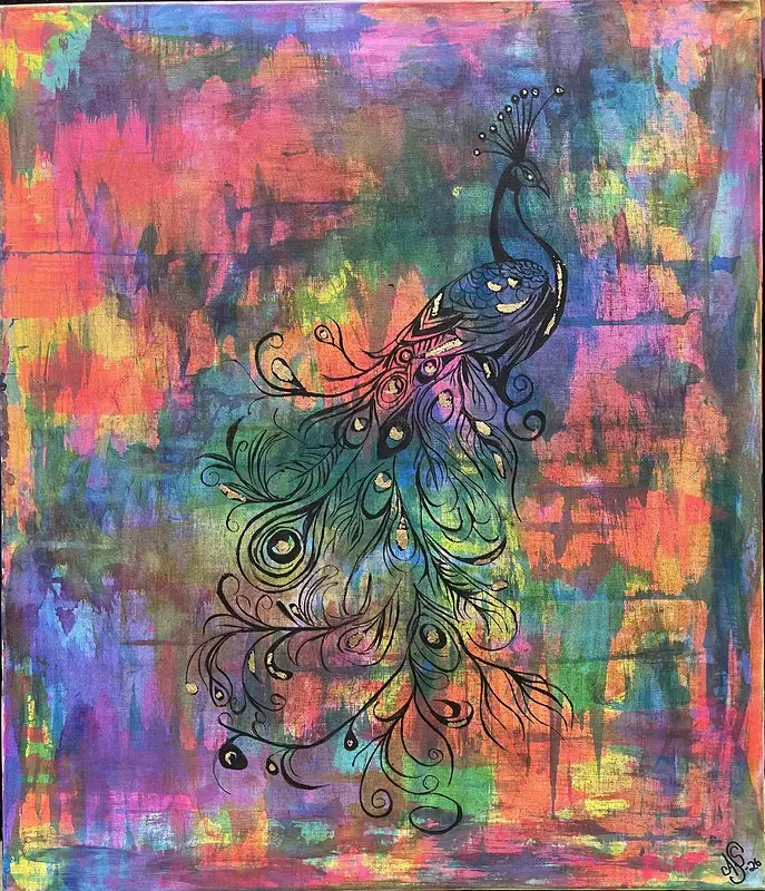 Akrylmålning Påfågel av Ann-Sofie Stjernkvist