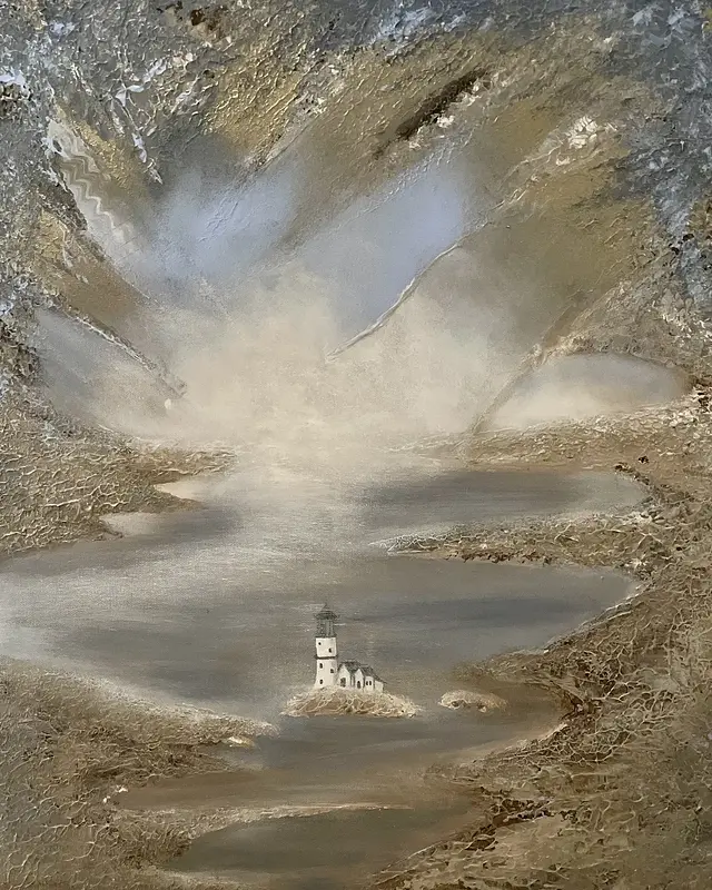 Akrylmålning Fyren i dimmam av Mimmi Dubén