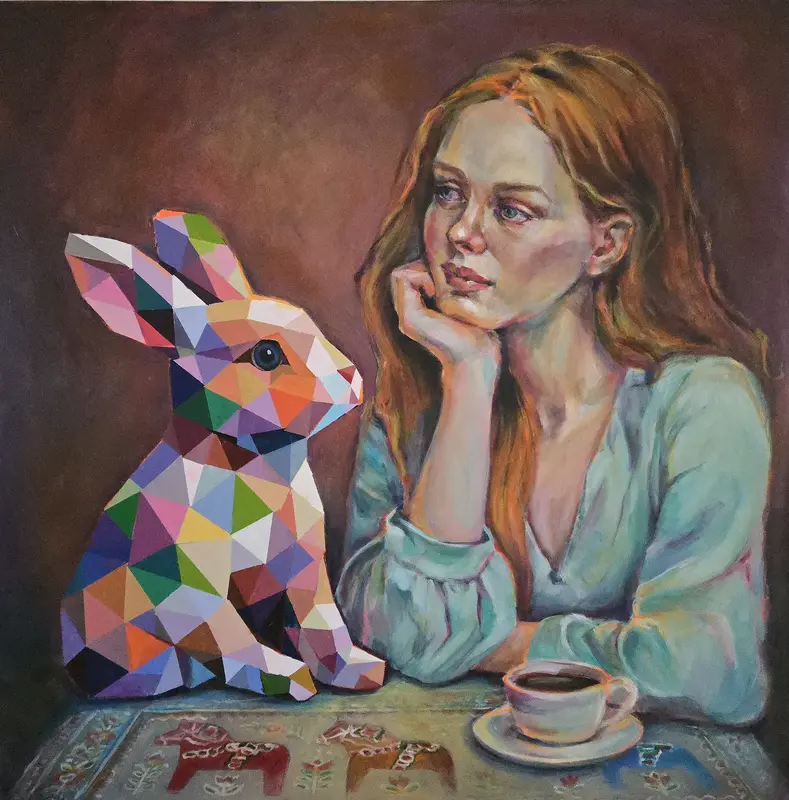 Akrylmålning Fika med en geometrisk kanin av Lana BLINK
