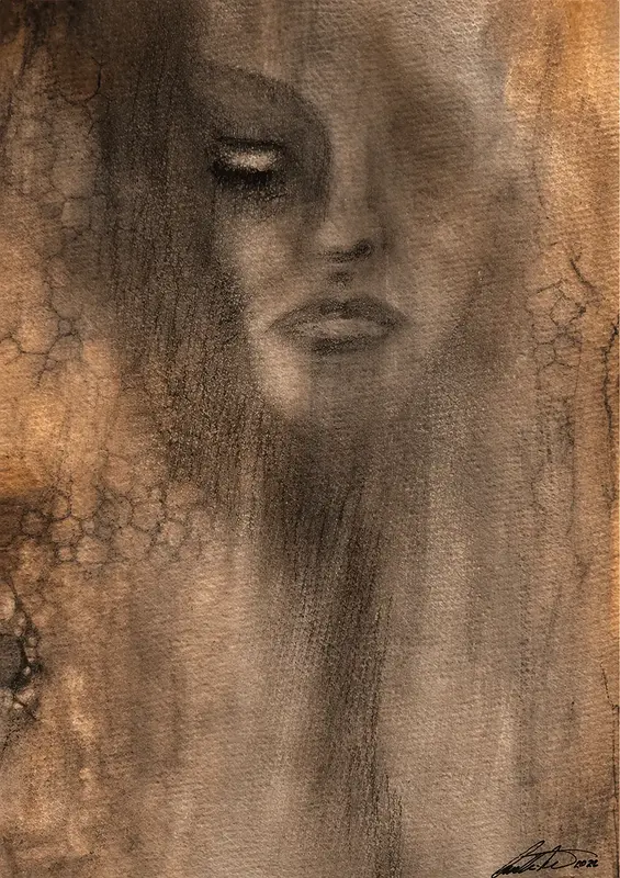Akvarell DreamLover 4 Orginal akvarell, kol/watercolors, drawn in charcoal av Cecilia Larsdotter