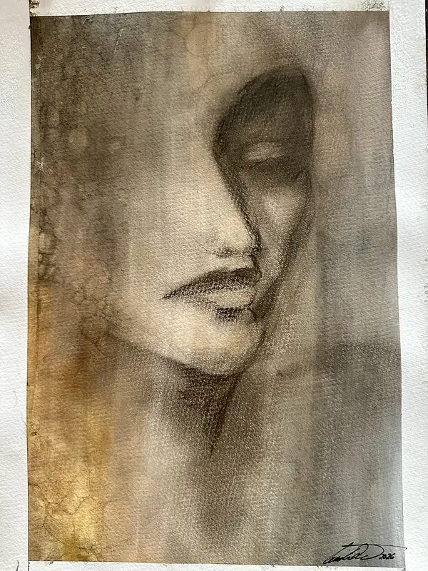 Akvarell DreamLover 5 Orginal akvarell, kol/watercolors, drawn in charcoal av Cecilia Larsdotter