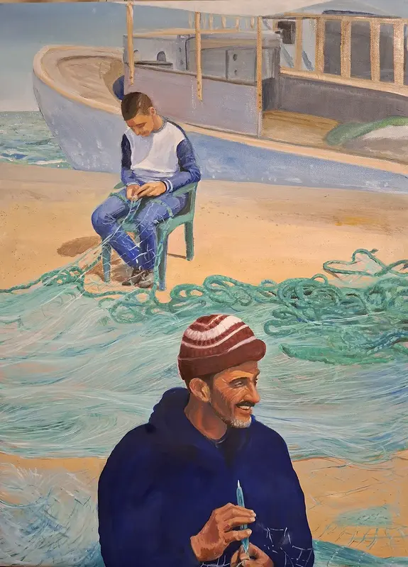 Oljemålning Fiskare i Tripoli Libanon av Veronica Rahme