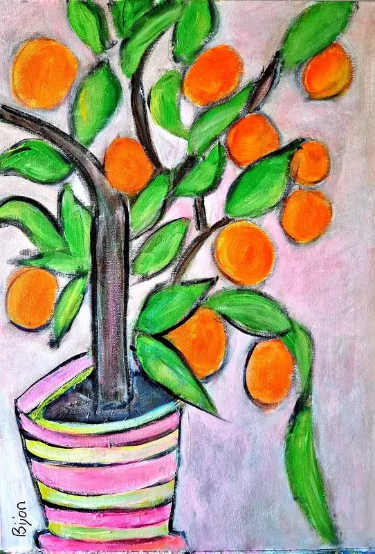 Akrylmålning Apelsinträd av Birgitta Jonsson Bijon Art