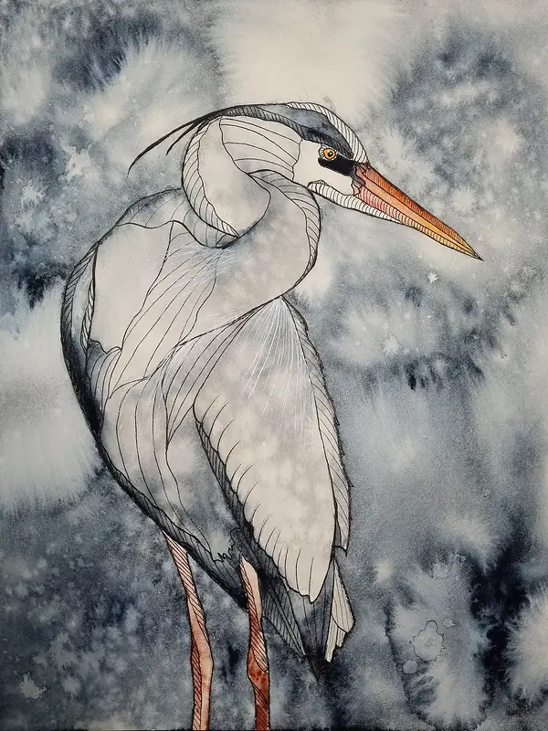 Akvarell Linjig Häger av Kiba Gustafsson