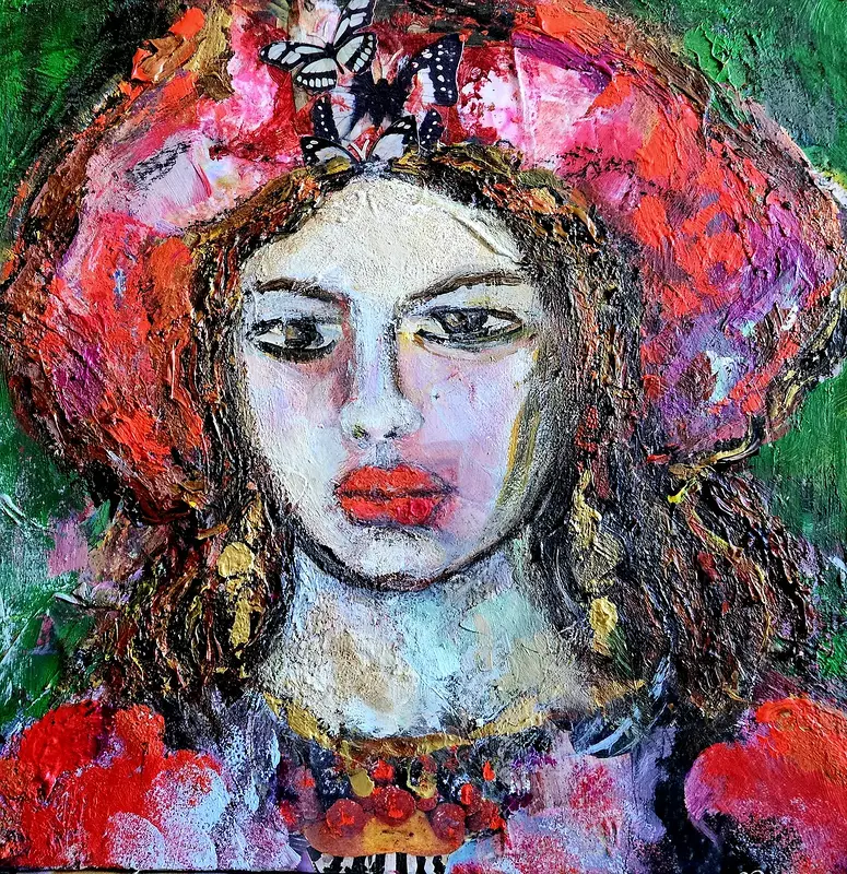 Akrylmålning Flickan i rött. Akryl-Mixed Media på duk. av Marta Monguillot