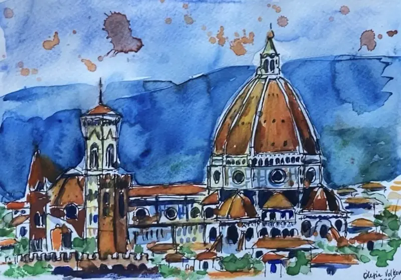 Akvarell Basilica di Santa Maria del Fiore (Florens Katedral) av Olesia Volkova