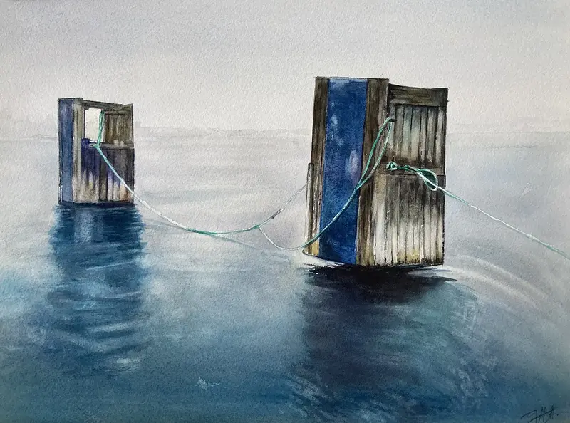 Akvarell I väntan på båtarna av Gabriela Mayoral