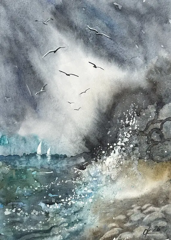 Akvarell Måsar och stormen av Olga Kharyakova
