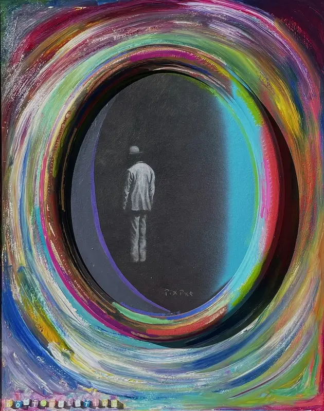 Oljemålning Xi flows where attention goes (kontemplation) av Niklas ”Pix” Bodin