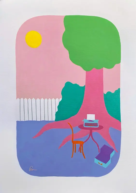 Akrylmålning Skrivstund av Rebecca Zhu Hansson