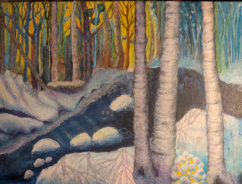 Akrylmålning Vid bäcken en värmande vinterkväll av Veronica Kjaernes