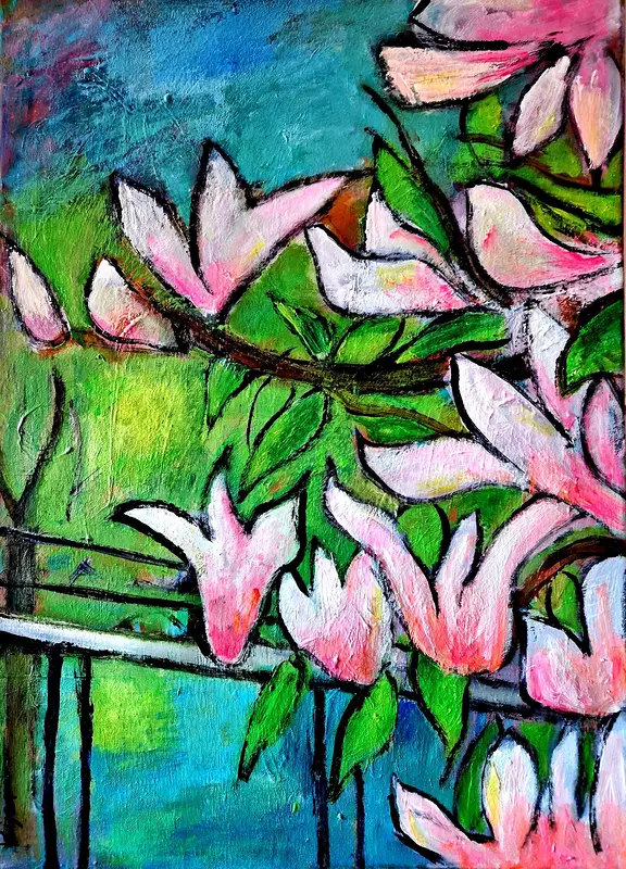 Akrylmålning Vid bro av Birgitta Jonsson Bijon Art