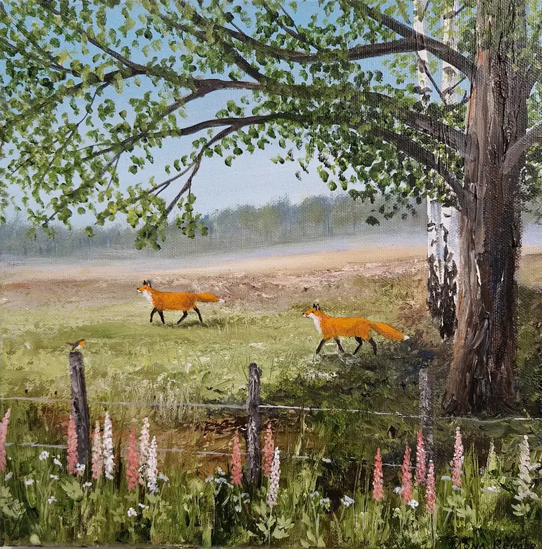 Akrylmålning Händelser på en äng av Mona Reimer