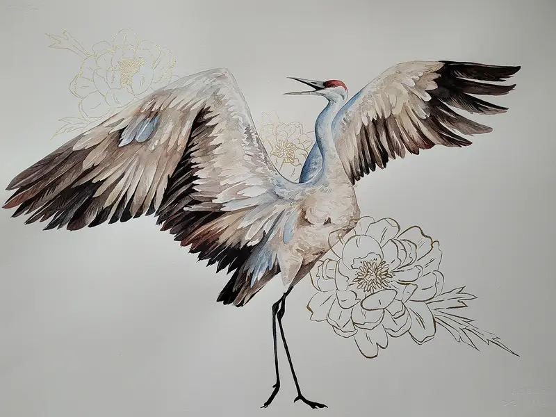 Akvarell Trana med blommor av Tove Y