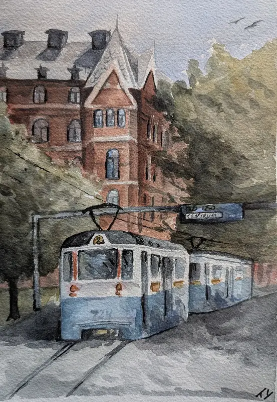Akvarell Spårvagn i Göteborg av Tove Y