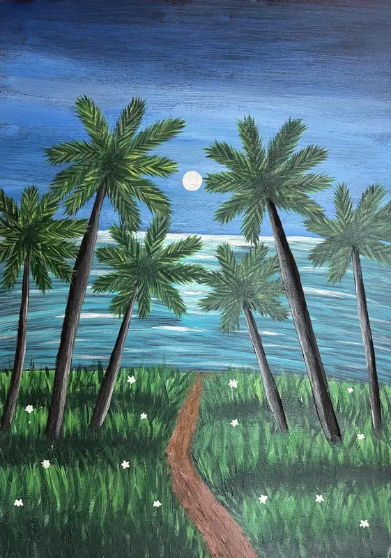 Akrylmålning Tropisk strandscen under natten av Dusica Janicijevic