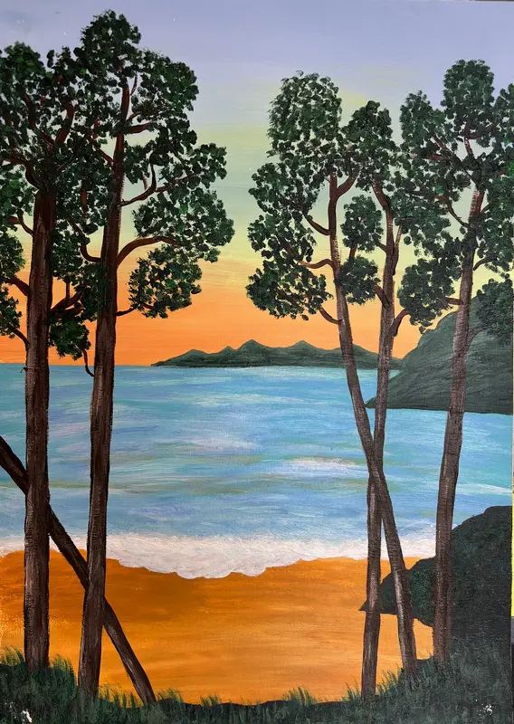 Akrylmålning Strandlandskap vid solnedgång. av Dusica Janicijevic