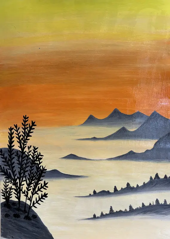 Akrylmålning Landskap vid solnedgång av Dusica Janicijevic