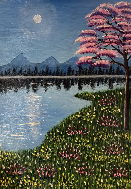 Akrylmålning Fridfullt nattlandskap vid en sjö av Dusica Janicijevic